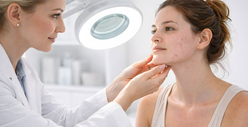Dermatologue en blouse blanche examinant attentivement la joue d'une patiente avec une loupe dermatologique dans un cabinet médical moderne, atmosphère professionnelle et rassurante.