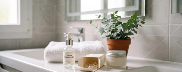 Comptoir de salle de bain moderne avec flacon de sérum à l'acide hyaluronique, boîte de gélules de complément alimentaire et pot de crème disposés naturellement près d'une serviette blanche et d'une plante, lumière naturelle douce.