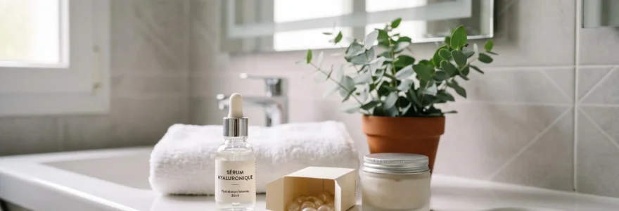 Comptoir de salle de bain moderne avec flacon de sérum à l'acide hyaluronique, boîte de gélules de complément alimentaire et pot de crème disposés naturellement près d'une serviette blanche et d'une plante, lumière naturelle douce.