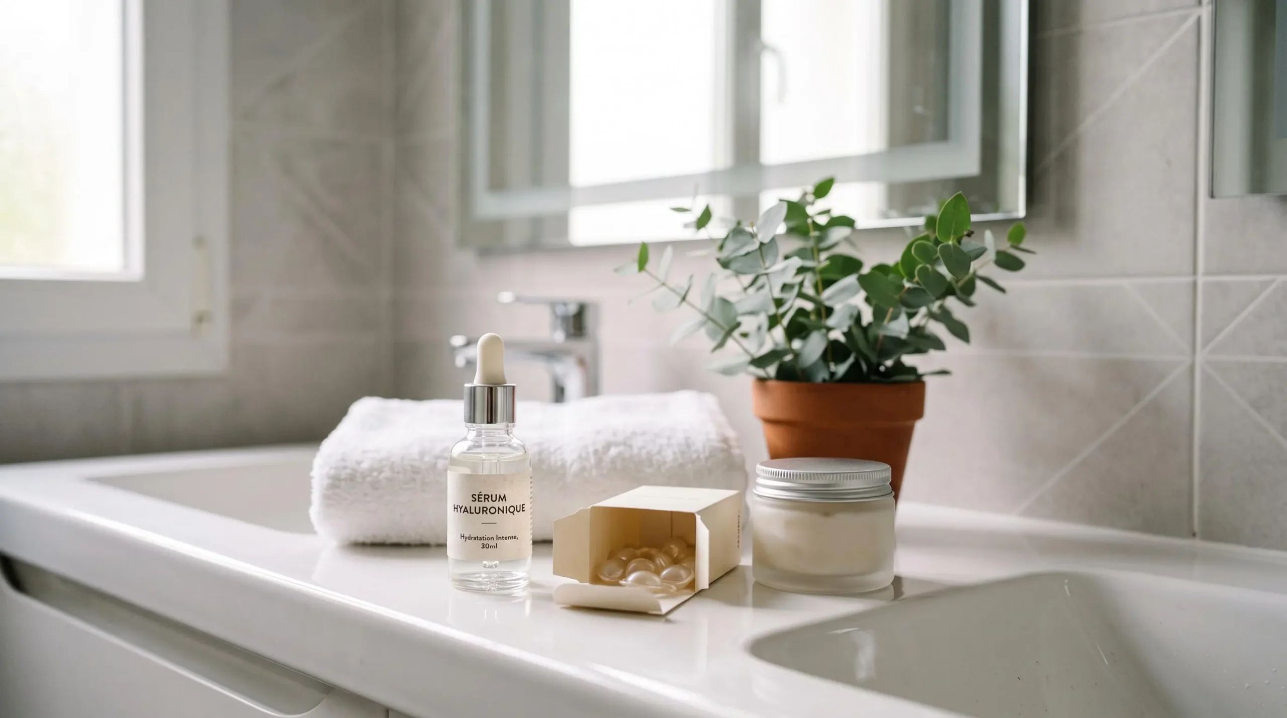 Comptoir de salle de bain moderne avec flacon de sérum à l'acide hyaluronique, boîte de gélules de complément alimentaire et pot de crème disposés naturellement près d'une serviette blanche et d'une plante, lumière naturelle douce.