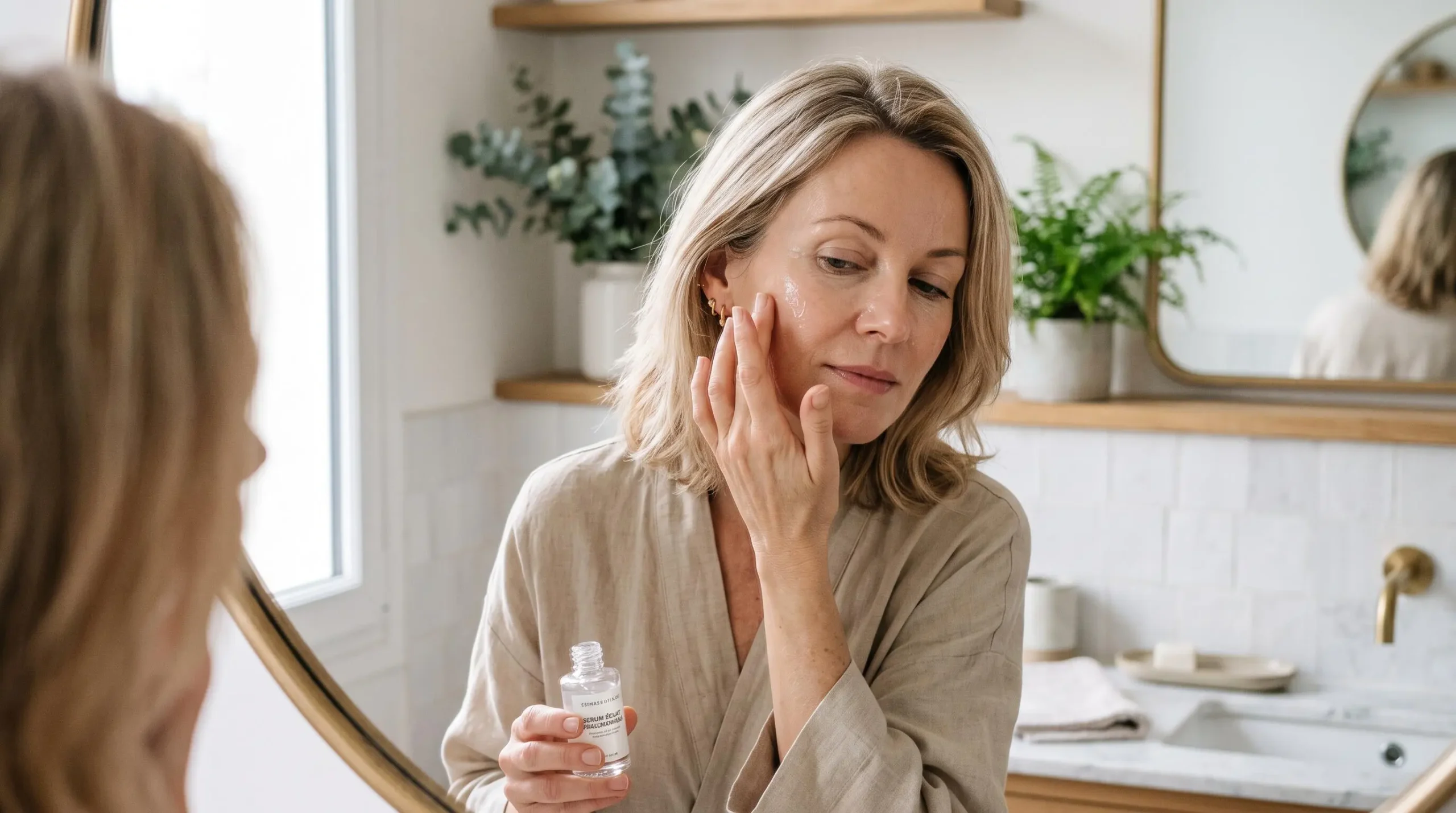 Femme mature appliquant délicatement un sérum transparent à l'acide hyaluronique sur sa joue avec concentration, peau légèrement humide, dans une salle de bain moderne éclairée naturellement.
