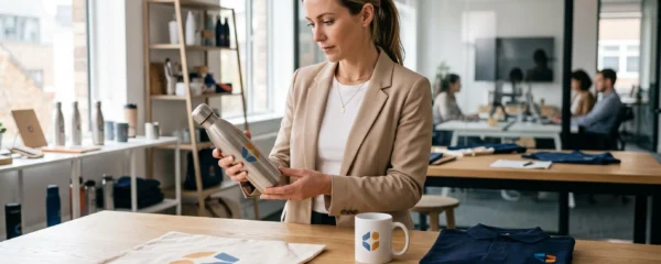 Un assortiment d'objets publicitaires personnalisés (gourde, tote bag, stylos, mug et textile) disposé sur une table, avec une femme contrôlant la qualité du marquage dans un bureau lumineux.